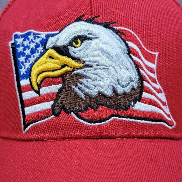 Embroidered USA Bald Eagle Shadow Snapback Trucker Hat Red American Flag Cap - Picture 3 of 16